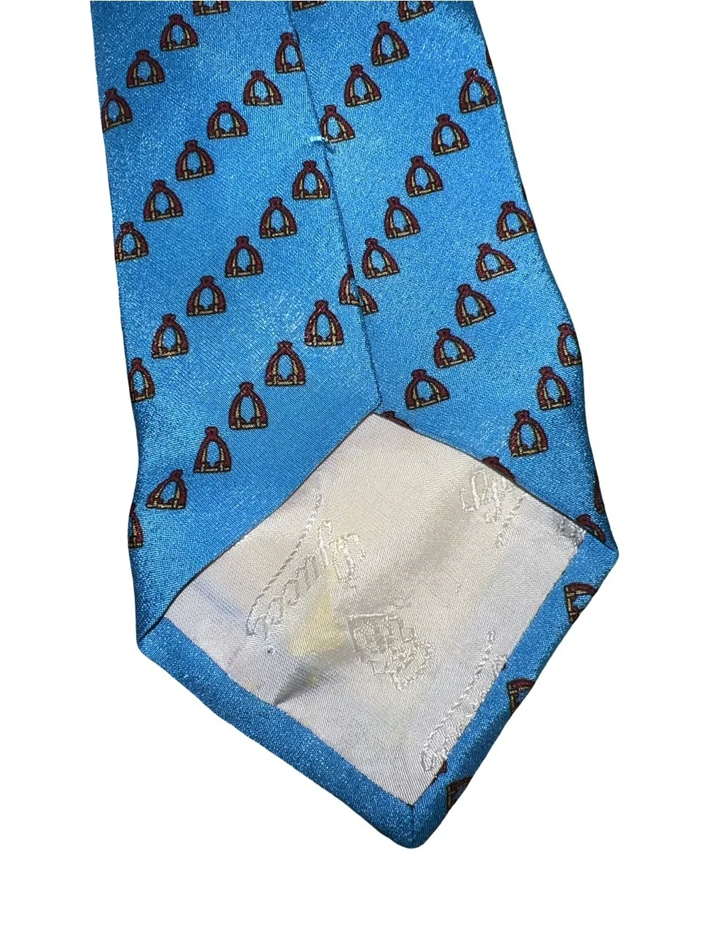 Vintage Gucci Silk Tie Blue Equestrian Stirrup Pattern Double G Logo